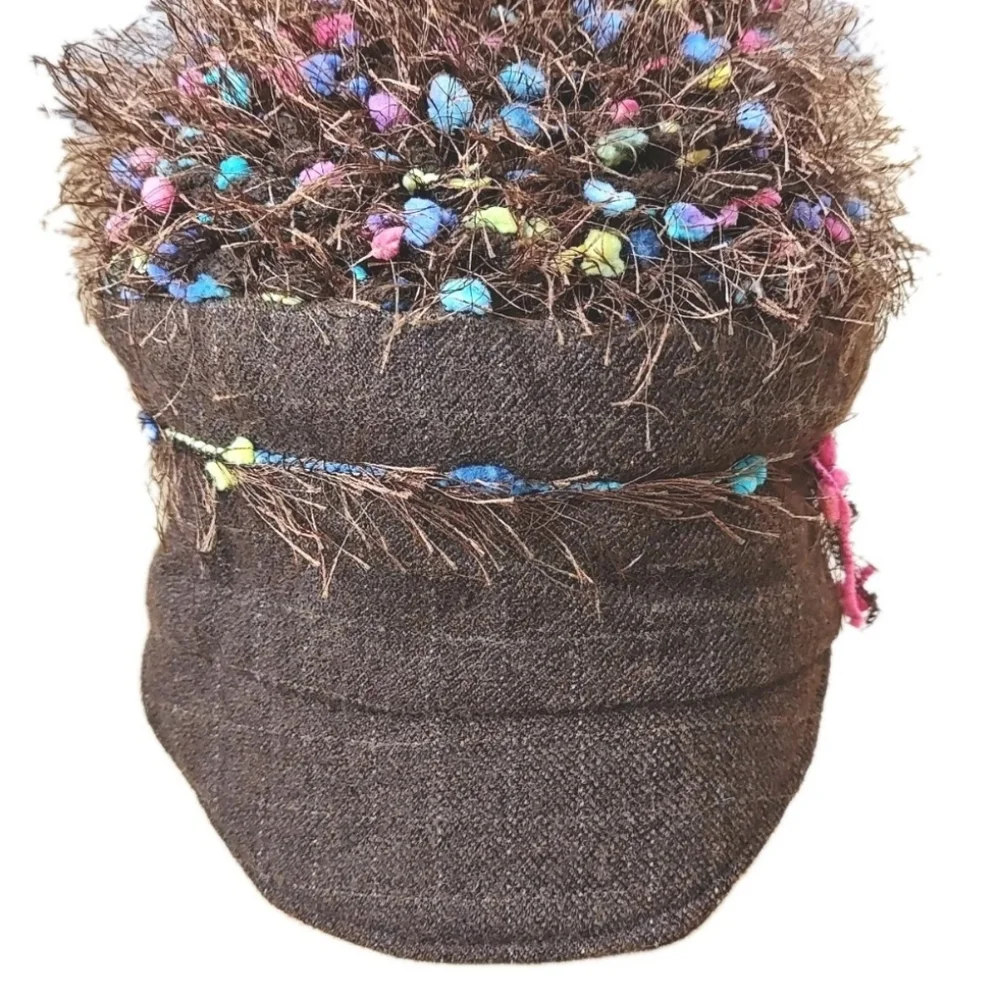 Sue Gallion Y2k Fairy Artsy Boho Brown Frilly Rainbow Confetti Beanie Hat Cap